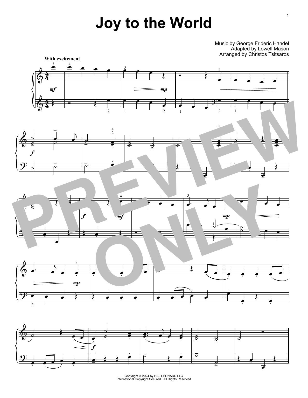 George Frideric Handel Joy To The World (arr. Christos Tsitsaros) sheet music notes and chords. Download Printable PDF.