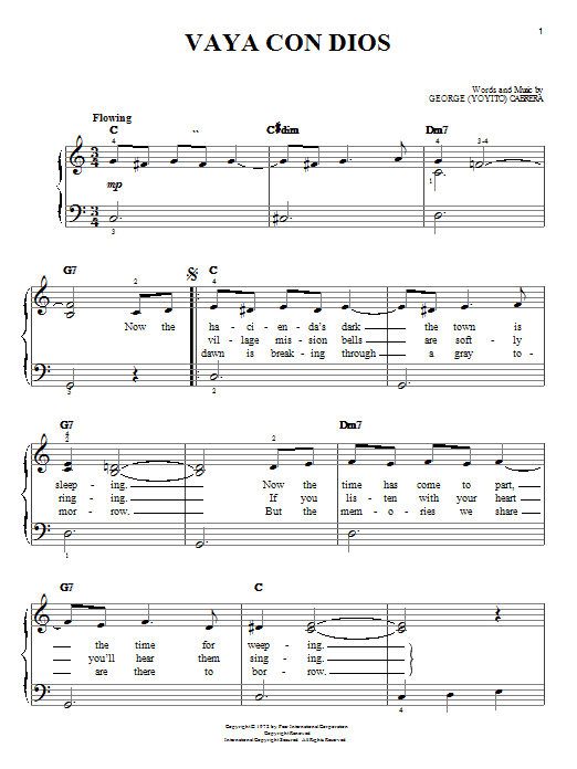 Learn to play George (Yoyito) Cabrera Vaya Con Dios sheet music for Easy Piano in minutes. George (Yoyito) Cabrera Vaya Con Dios sheet music notes and chords