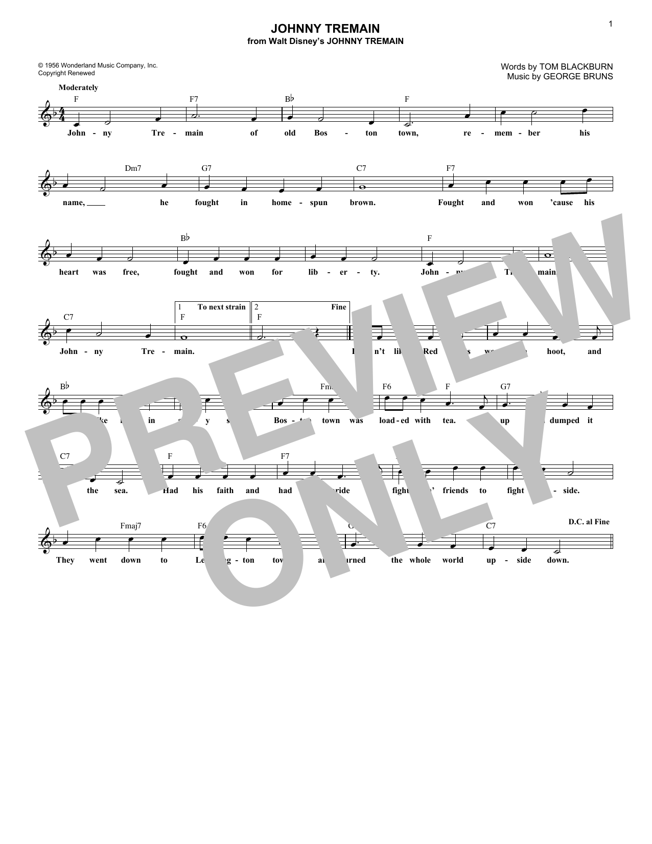 George Bruns Johnny Tremain sheet music notes and chords. Download Printable PDF.