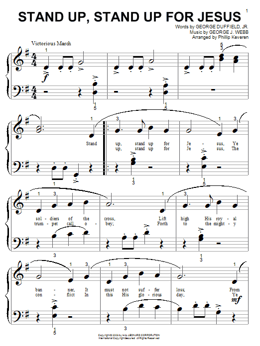 Learn to play George Duffield, Jr. Stand Up, Stand Up For Jesus sheet music for Big Note Piano in minutes. Price: 6.9900$ George Duffield, Jr. Stand Up, Stand Up For Jesus sheet music notes and chords arranged for Big Note Piano