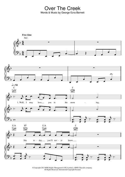 Learn to play George Ezra Over The Creek sheet music for Piano, Vocal & Guitar (Right-Hand Melody) in minutes. George Ezra Over The Creek sheet music notes and chords