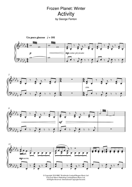 Learn to play George Fenton Frozen Planet, Activity sheet music for Piano Solo in minutes. George Fenton Frozen Planet, Activity sheet music notes and chords