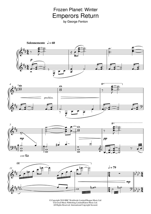 Learn to play George Fenton Frozen Planet, Emperors Return sheet music for Piano Solo in minutes. George Fenton Frozen Planet, Emperors Return sheet music notes and chords