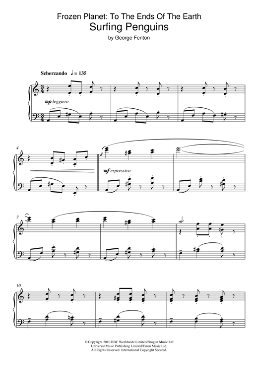 Learn to play George Fenton Frozen Planet, Surfing Penguins sheet music for Piano Solo in minutes. George Fenton Frozen Planet, Surfing Penguins sheet music notes and chords. Download Printable PDF.