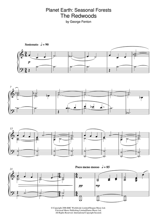 Learn to play George Fenton Planet Earth: The Redwoods sheet music for Piano Solo in minutes. George Fenton Planet Earth: The Redwoods sheet music notes and chords