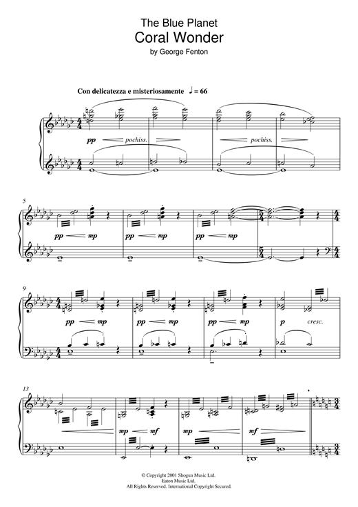 Learn to play George Fenton The Blue Planet: Coral Wonder sheet music for Piano Solo in minutes. George Fenton The Blue Planet: Coral Wonder sheet music notes and chords. Download Printable PDF.