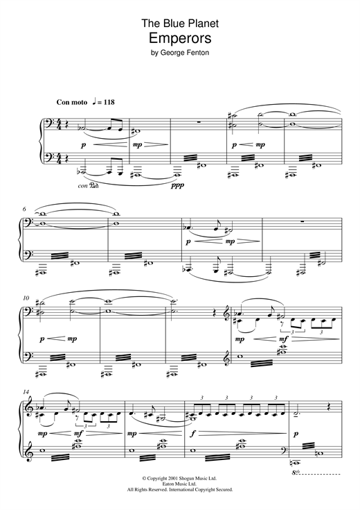 Learn to play George Fenton The Blue Planet, Emperors sheet music for Piano Solo in minutes. George Fenton The Blue Planet, Emperors sheet music notes and chords. Download Printable PDF.