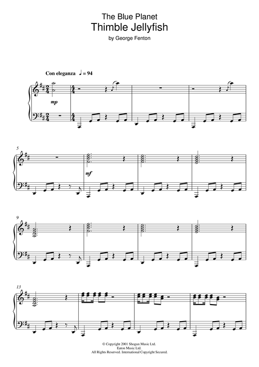 Learn to play George Fenton The Blue Planet, Thimble Jelly Fish sheet music for Piano Solo in minutes. George Fenton The Blue Planet, Thimble Jelly Fish sheet music notes and chords