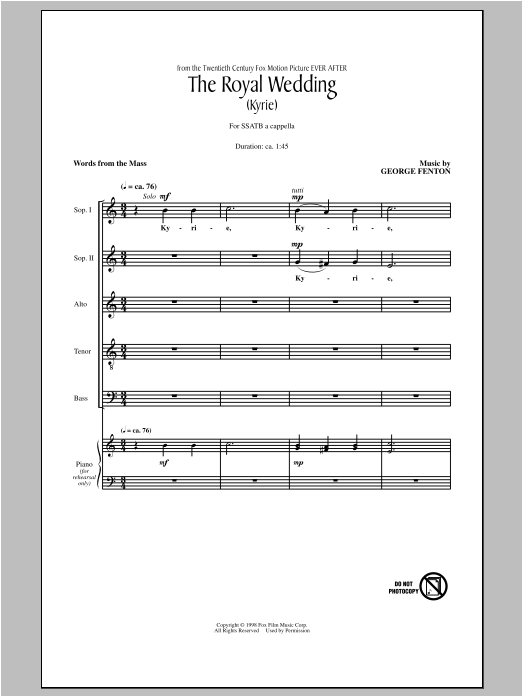 Learn to play George Fenton The Royal Wedding (Kyrie) sheet music for SSATB Choir in minutes. Price: 3.9900$ George Fenton The Royal Wedding (Kyrie) sheet music notes and chords arranged for SSATB Choir