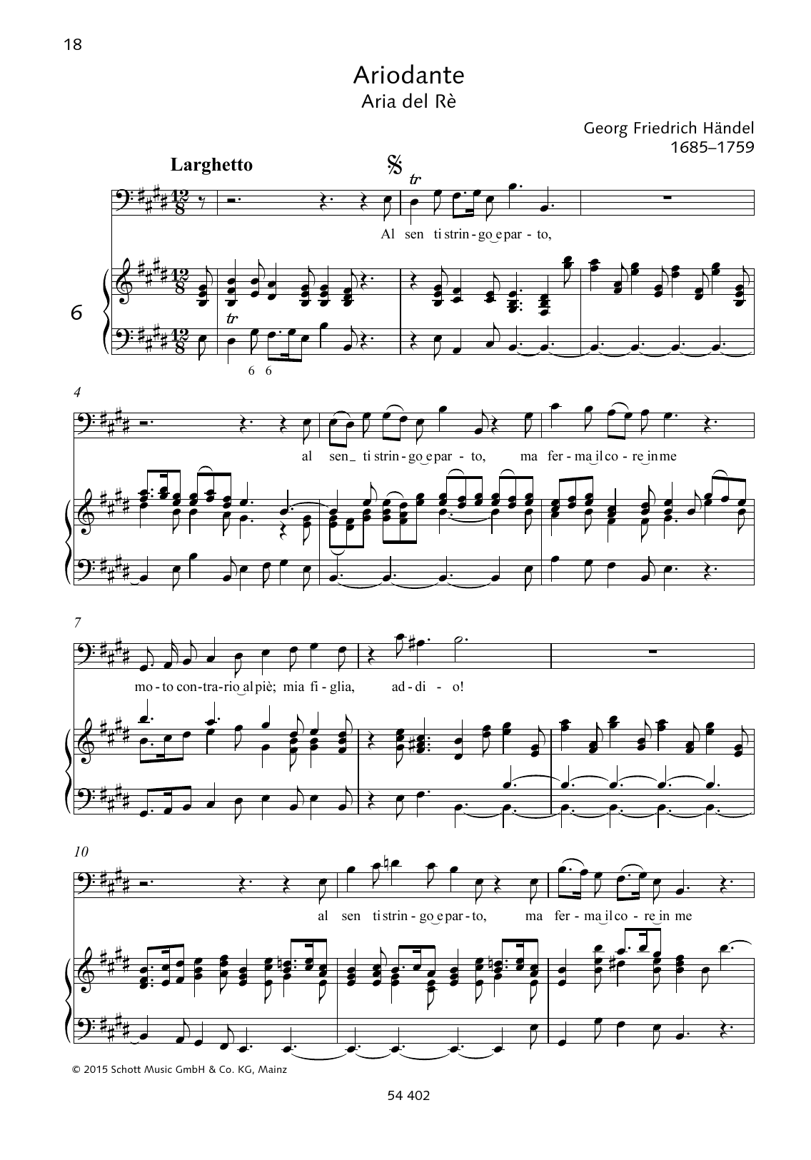 Learn to play George Frideric Handel Al sen ti stringo e parto sheet music for Piano & Vocal in minutes. Price: 6.9900$ George Frideric Handel Al sen ti stringo e parto sheet music notes and chords arranged for Piano & Vocal
