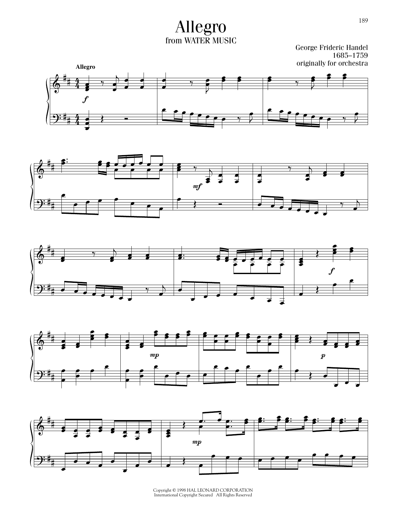 George Frideric Handel Allegro sheet music notes and chords. Download Printable PDF.