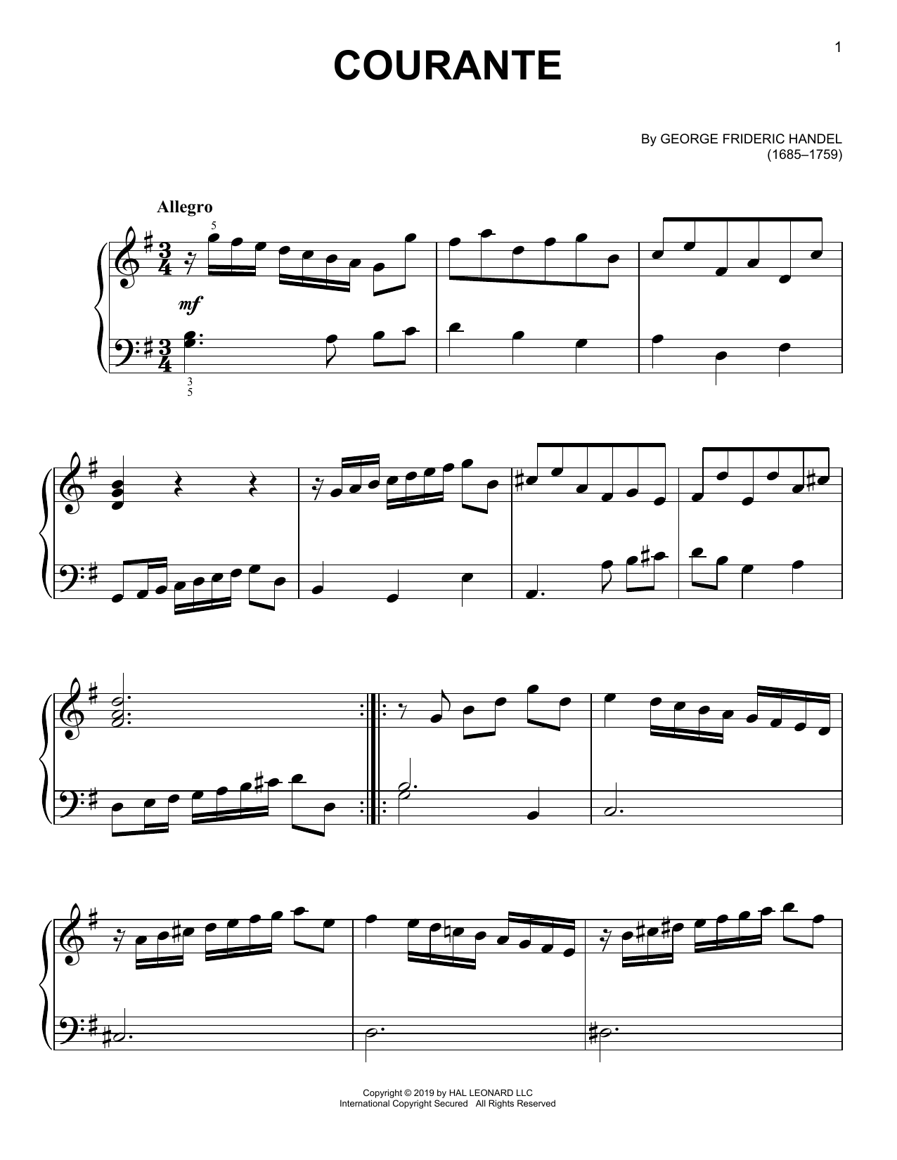 Learn to play George Frideric Handel Courante sheet music for Easy Piano in minutes. Price: 6.9900$ George Frideric Handel Courante sheet music notes and chords arranged for Easy Piano