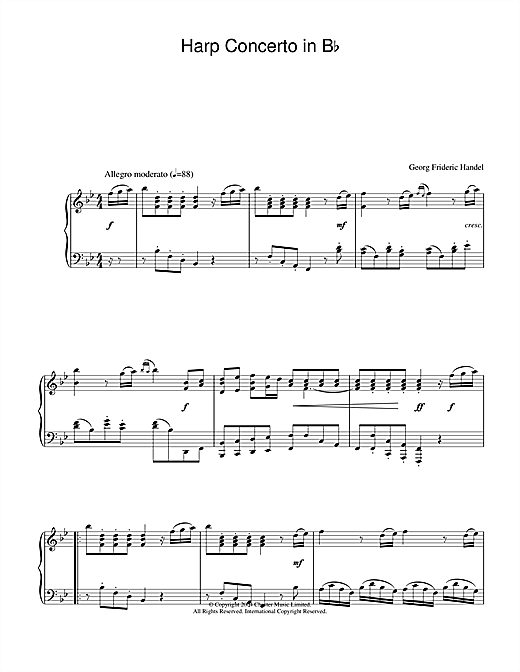 Learn to play George Frideric Handel Harp Concerto in B Flat sheet music for Piano Solo in minutes. George Frideric Handel Harp Concerto in B Flat sheet music notes and chords. Download Printable PDF.
