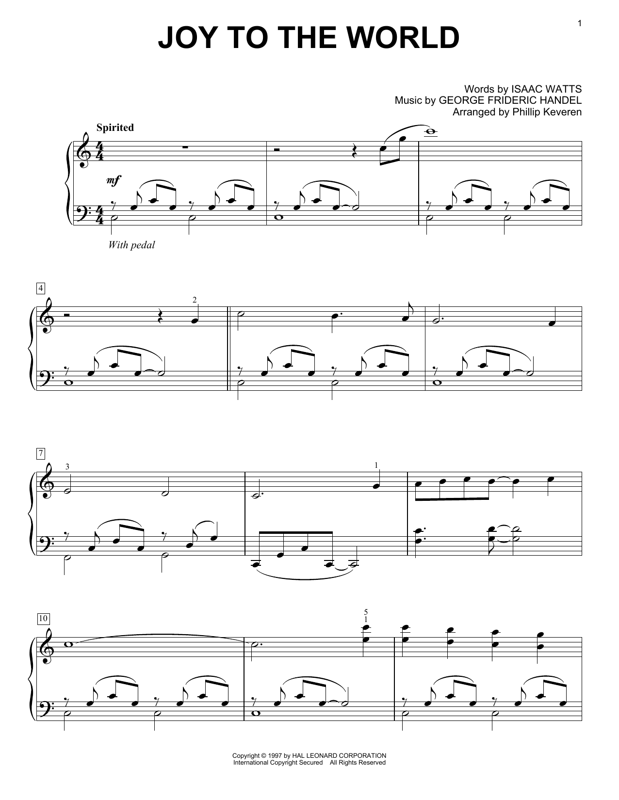 George Frideric Handel &quot;Joy To The World (arr. Phillip Keveren)&quot; Sheet