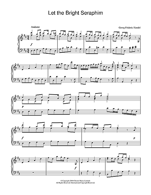 Learn to play George Frideric Handel Let The Bright Seraphim sheet music for Lead Sheet / Fake Book in minutes. Price: 5.9900$ George Frideric Handel Let The Bright Seraphim sheet music notes and chords arranged for Lead Sheet / Fake Book