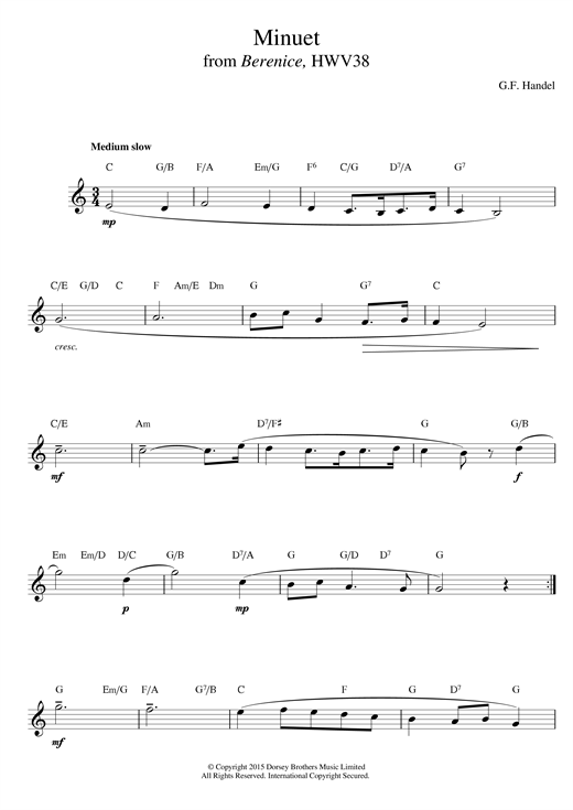 George Frideric Handel Minuet (from Berenice) sheet music notes and chords. Download Printable PDF.
