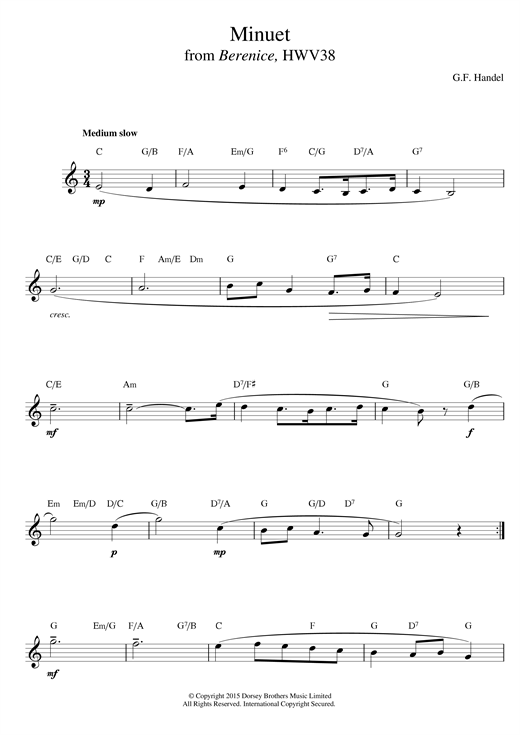 Learn to play George Frideric Handel Minuet (from Berenice) sheet music for Lead Sheet / Fake Book in minutes. George Frideric Handel Minuet (from Berenice) sheet music notes and chords. Download Printable PDF.