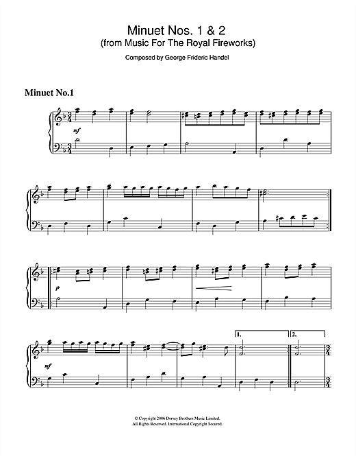 Learn to play George Frideric Handel Minuet Nos.1 & 2 (from Music For The Royal Fireworks) sheet music for Piano Solo in minutes. George Frideric Handel Minuet Nos.1 & 2 (from Music For The Royal Fireworks) sheet music notes and chords. Download Printable PDF.