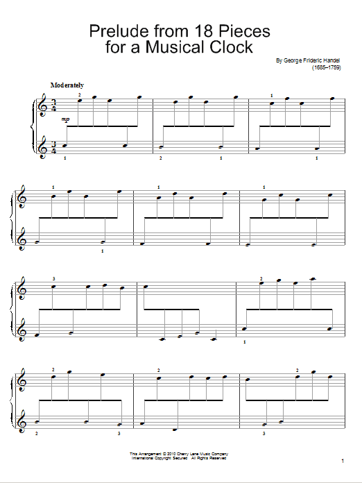 Learn to play George Frideric Handel Prelude In C For A Musical Clock sheet music for Easy Piano in minutes. Price: 6.9900$ George Frideric Handel Prelude In C For A Musical Clock sheet music notes and chords arranged for Easy Piano