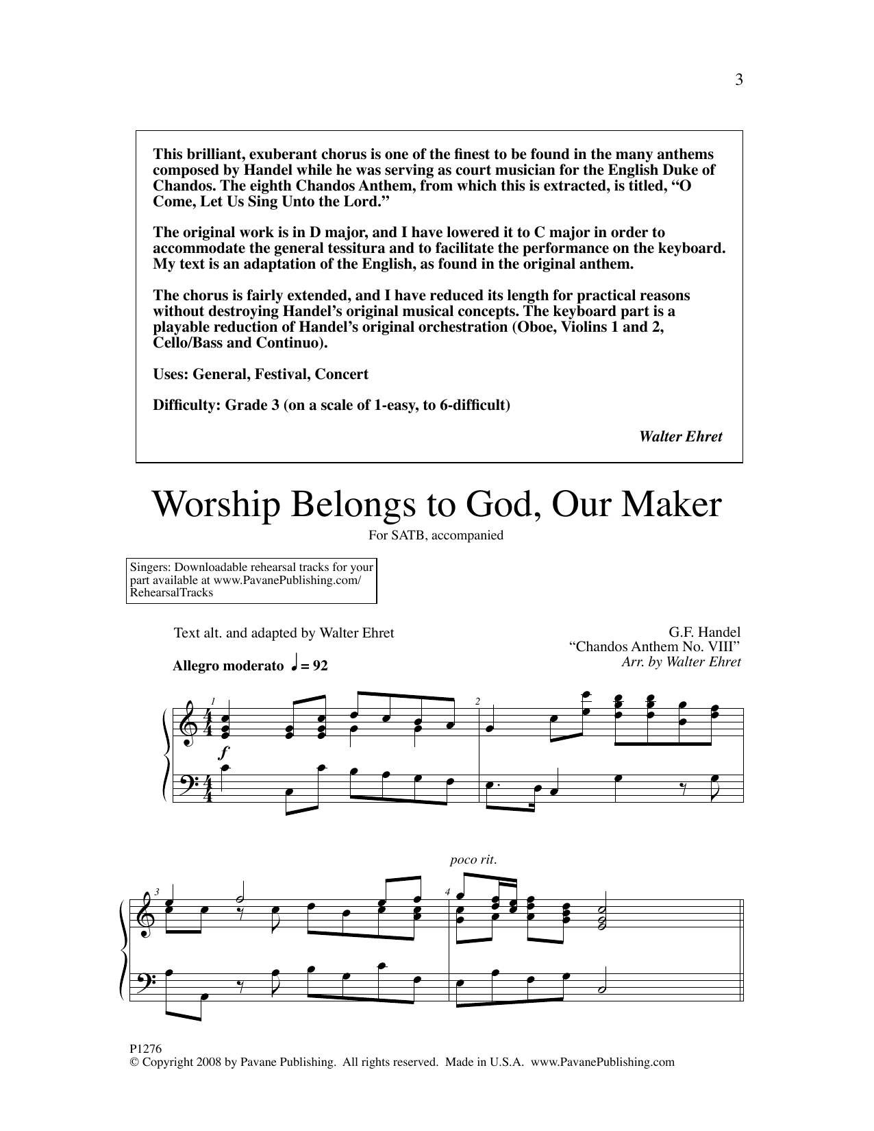 Learn to play George Friedrich Handel Worship Belongs to God, Our Maker (arr. Walter Ehret) sheet music for SATB Choir in minutes. Price: 3.9900$ George Friedrich Handel Worship Belongs to God, Our Maker (arr. Walter Ehret) sheet music notes and chords arranged for SATB Choir