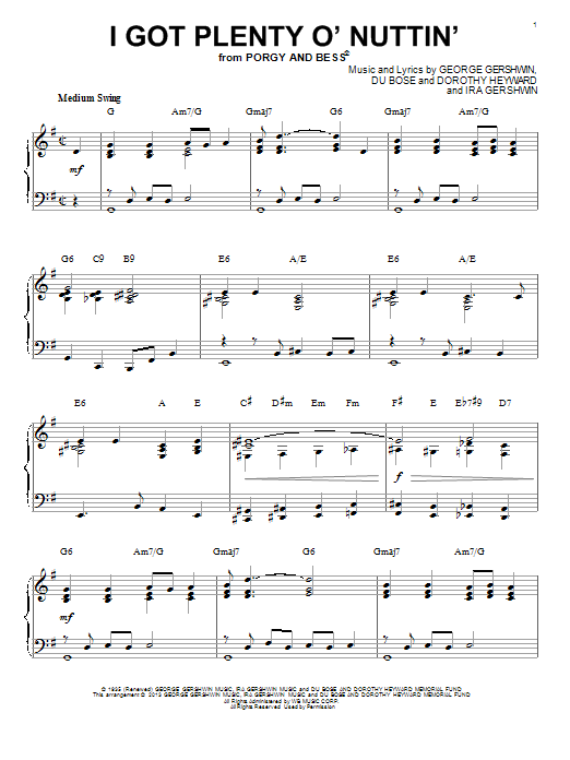 Learn to play George Gershwin I Got Plenty O' Nuttin' sheet music for Big Note Piano in minutes. Price: 6.9900$ George Gershwin I Got Plenty O' Nuttin' sheet music notes and chords arranged for Big Note Piano