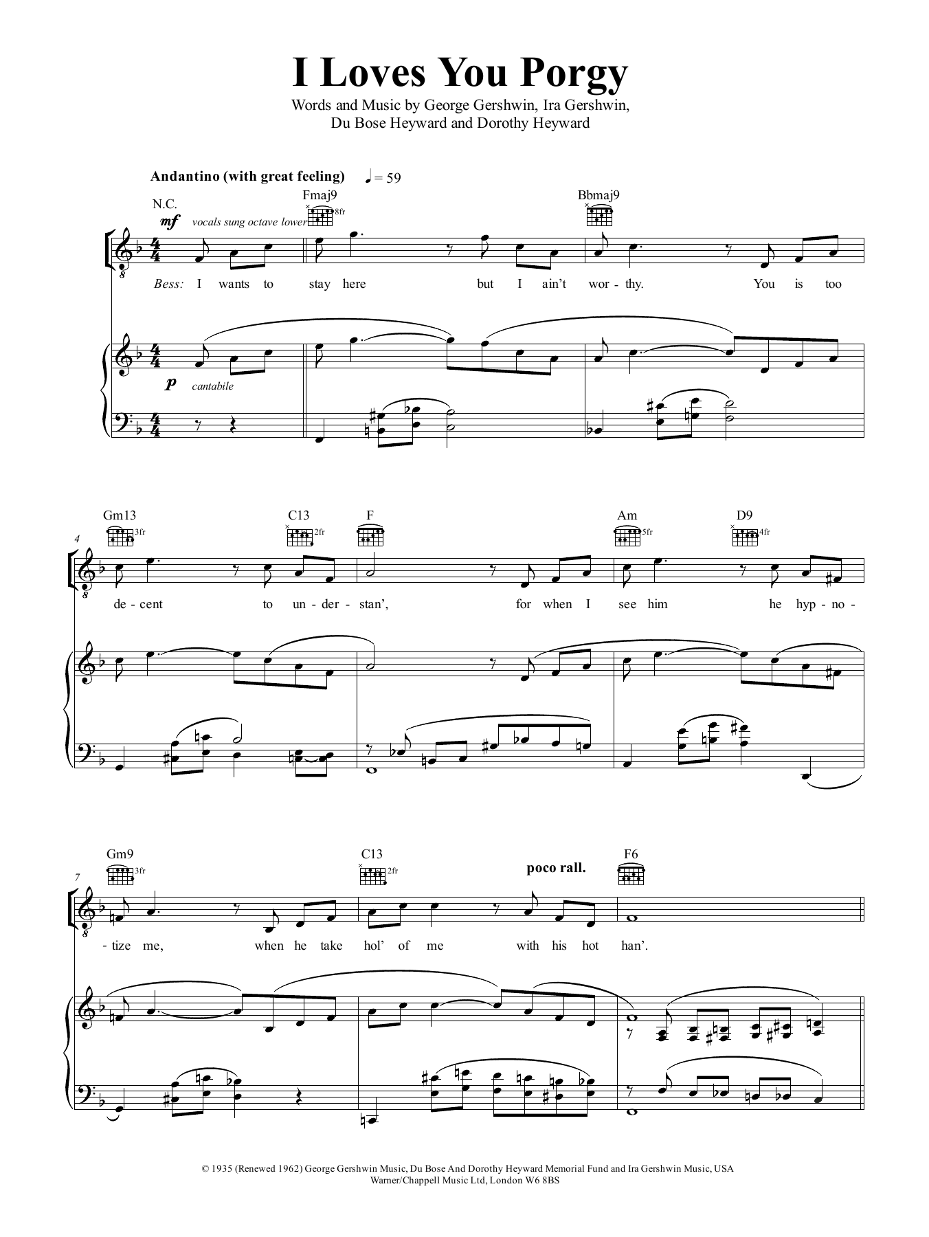 Learn to play George Gershwin I Loves You, Porgy (from Porgy And Bess) sheet music for Piano, Vocal & Guitar Chords (Right-Hand Melody) in minutes. Price: 6.9900$ George Gershwin I Loves You, Porgy (from Porgy And Bess) sheet music notes and chords arranged for Piano, Vocal & Guitar Chords (Right-Hand Melody)