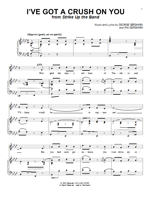 Learn to play George Gershwin I've Got A Crush On You sheet music for Piano & Vocal in minutes. George Gershwin I've Got A Crush On You sheet music notes and chords. Download Printable PDF.