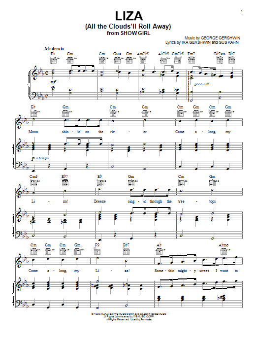 Learn to play George Gershwin Liza (All The Clouds'll Roll Away) sheet music for Piano, Vocal & Guitar (Right-Hand Melody) in minutes. George Gershwin Liza (All The Clouds'll Roll Away) sheet music notes and chords. Download Printable PDF.