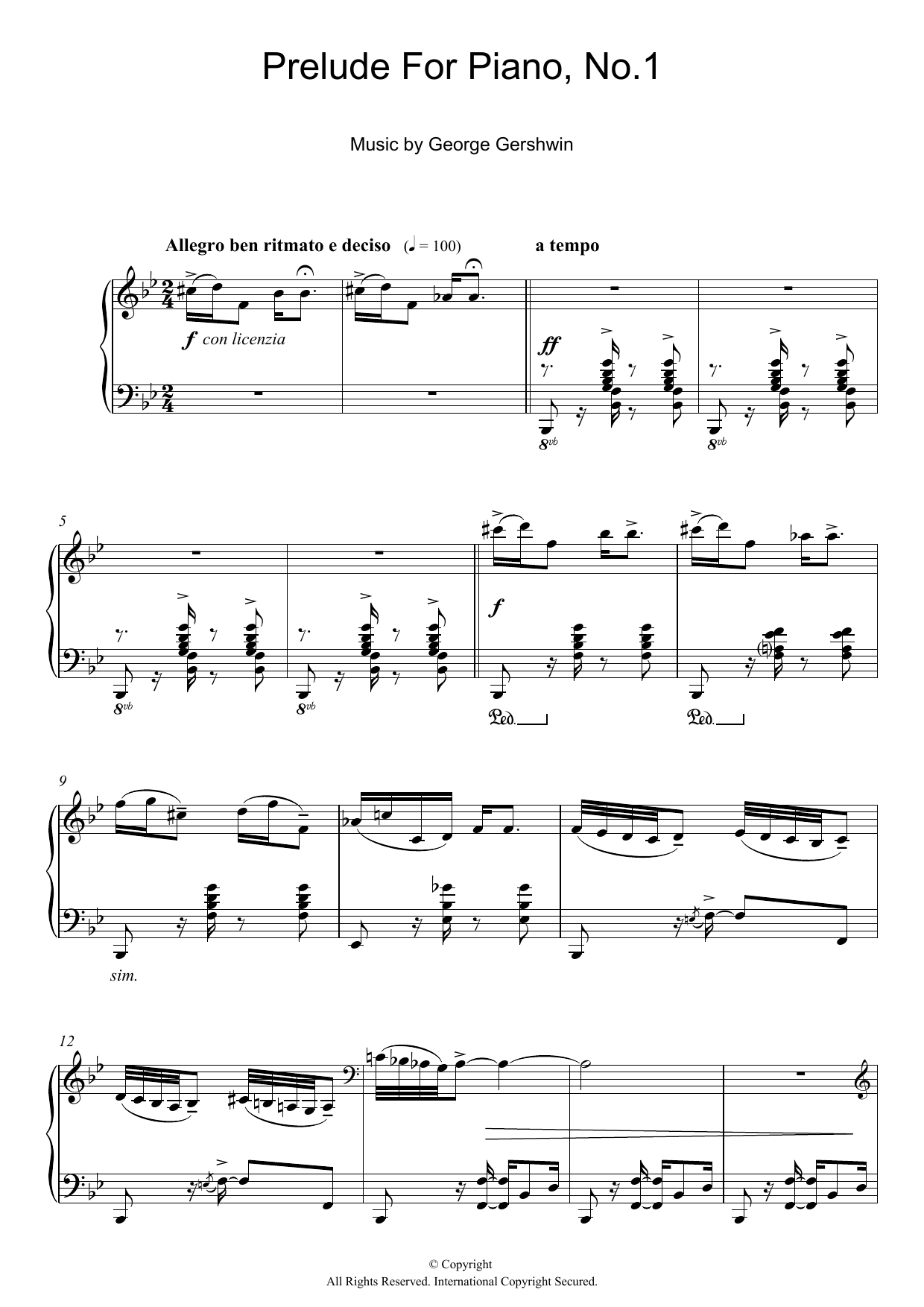 Gershwin "Prelude For Piano, No.1" Sheet Music for Piano Solo