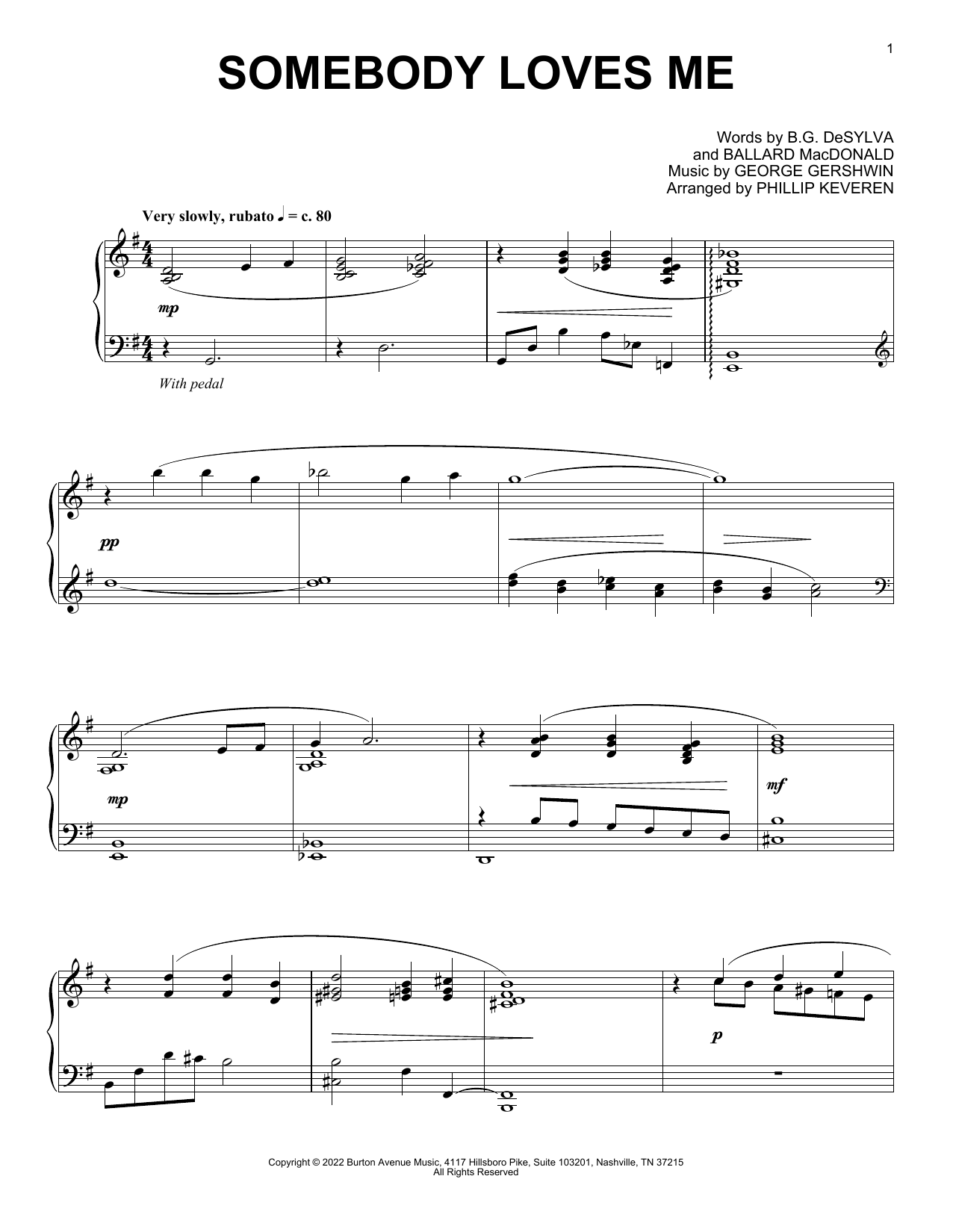 George Gershwin "Somebody Loves Me (arr. Phillip Keveren)" Sheet Music ...