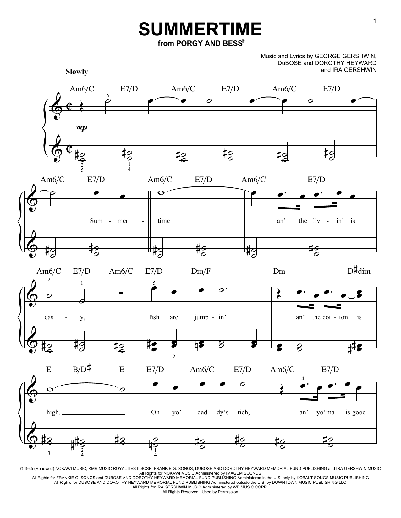 George Gershwin Summertime sheet music notes and chords arranged for Easy Piano