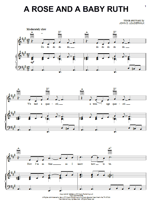 Preview George Hamilton IV A Rose And A Baby Ruth Pop sheet music, notes and chords for Piano, Vocal & Guitar (Right-Hand Melody), SKU: 19354 sheet music, piano notes, chords, guitar tabs, score, transpose, transcribe, how to play, guide, download, learn, tutorial, progression, song, artist, awards, billboard, mtv, vh1, tour, single, album, release