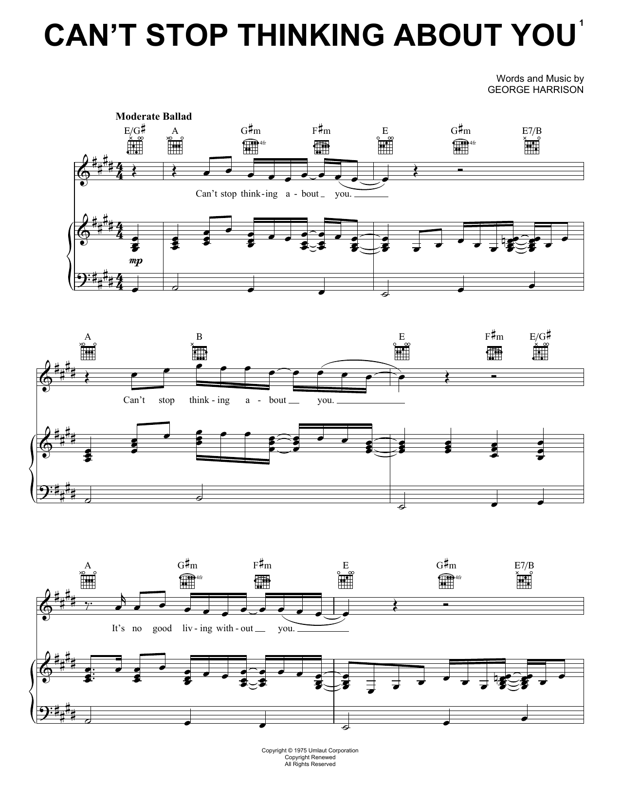 George Harrison Can T Stop Thinking About You Sheet Music Pdf Notes Chords Pop Score Piano Vocal Guitar Right Hand Melody Download Printable Sku