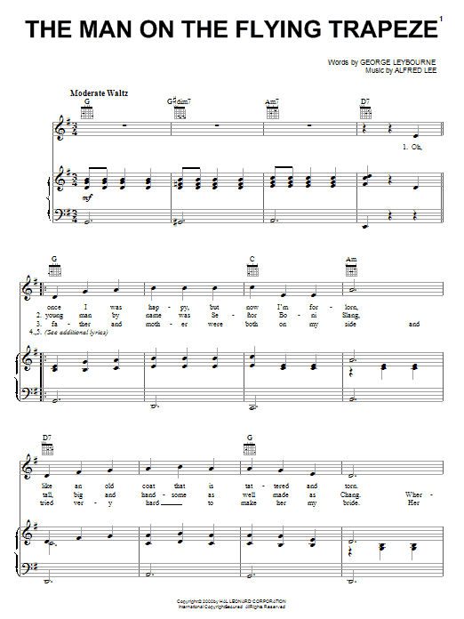 Learn to play George Leybourne The Man On The Flying Trapeze sheet music for Easy Piano in minutes. Price: 6.9900$ George Leybourne The Man On The Flying Trapeze sheet music notes and chords arranged for Easy Piano