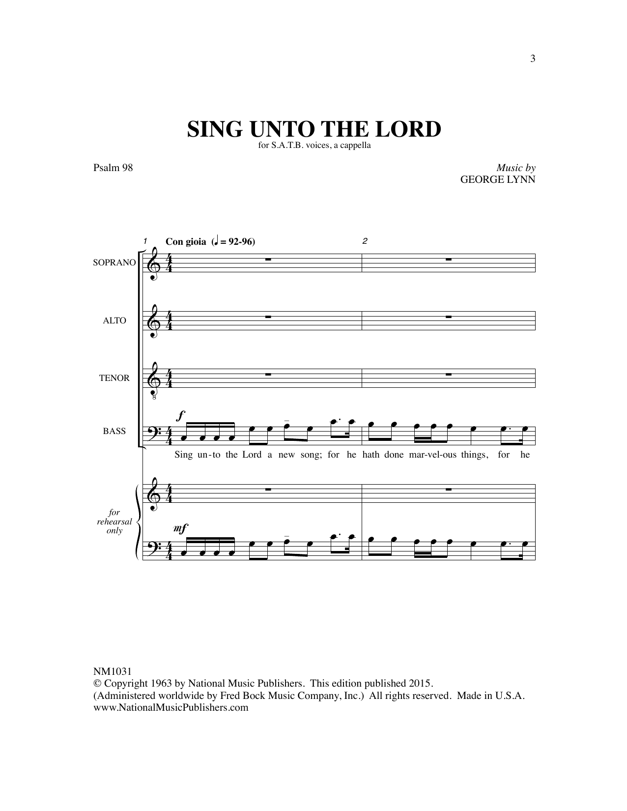 Learn to play George Lynn Sing Unto The Lord sheet music for SATB Choir in minutes. Price: 3.9900$ George Lynn Sing Unto The Lord sheet music notes and chords arranged for SATB Choir