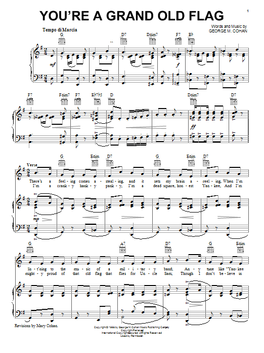 George M. Cohan You're A Grand Old Flag sheet music notes and chords. Download Printable PDF.