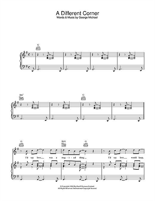 Learn to play George Michael A Different Corner sheet music for Piano, Vocal & Guitar Chords (Right-Hand Melody) in minutes. Price: 6.9900$ George Michael A Different Corner sheet music notes and chords arranged for Piano, Vocal & Guitar Chords (Right-Hand Melody)