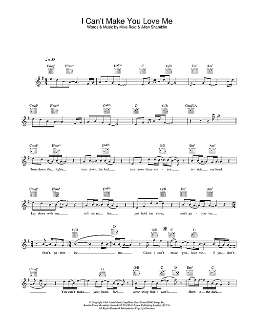 Learn to play George Michael I Can’t Make You Love Me sheet music for Lead Sheet / Fake Book in minutes. George Michael I Can’t Make You Love Me sheet music notes and chords. Download Printable PDF.