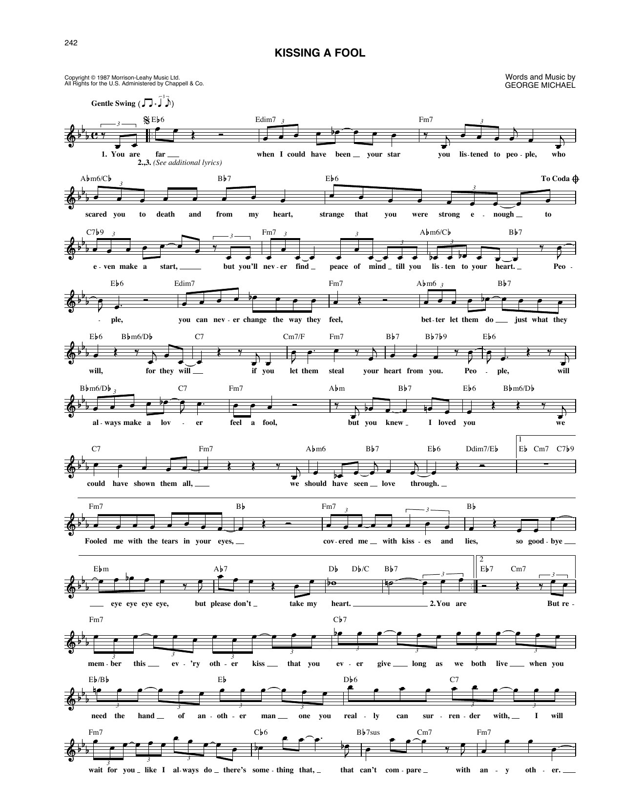 Learn to play George Michael Kissing A Fool sheet music for Lead Sheet / Fake Book in minutes. George Michael Kissing A Fool sheet music notes and chords. Download Printable PDF.
