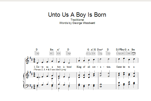 Learn to play Christmas Carol Unto Us A Boy Is Born sheet music for Piano, Vocal & Guitar (Right-Hand Melody) in minutes. Price: 7.8900$ Christmas Carol Unto Us A Boy Is Born sheet music notes and chords. Download Printable PDF.