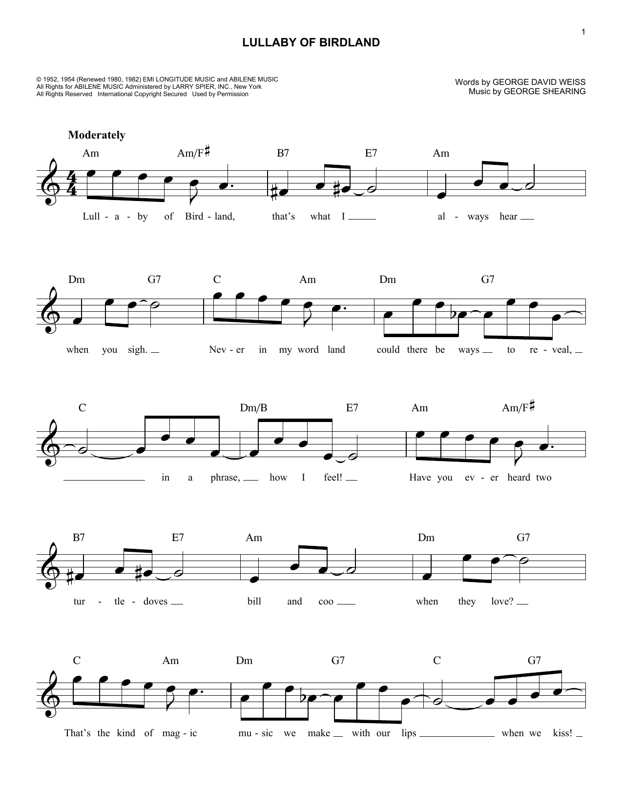 George Shearing Lullaby Of Birdland sheet music notes and chords. Download Printable PDF.