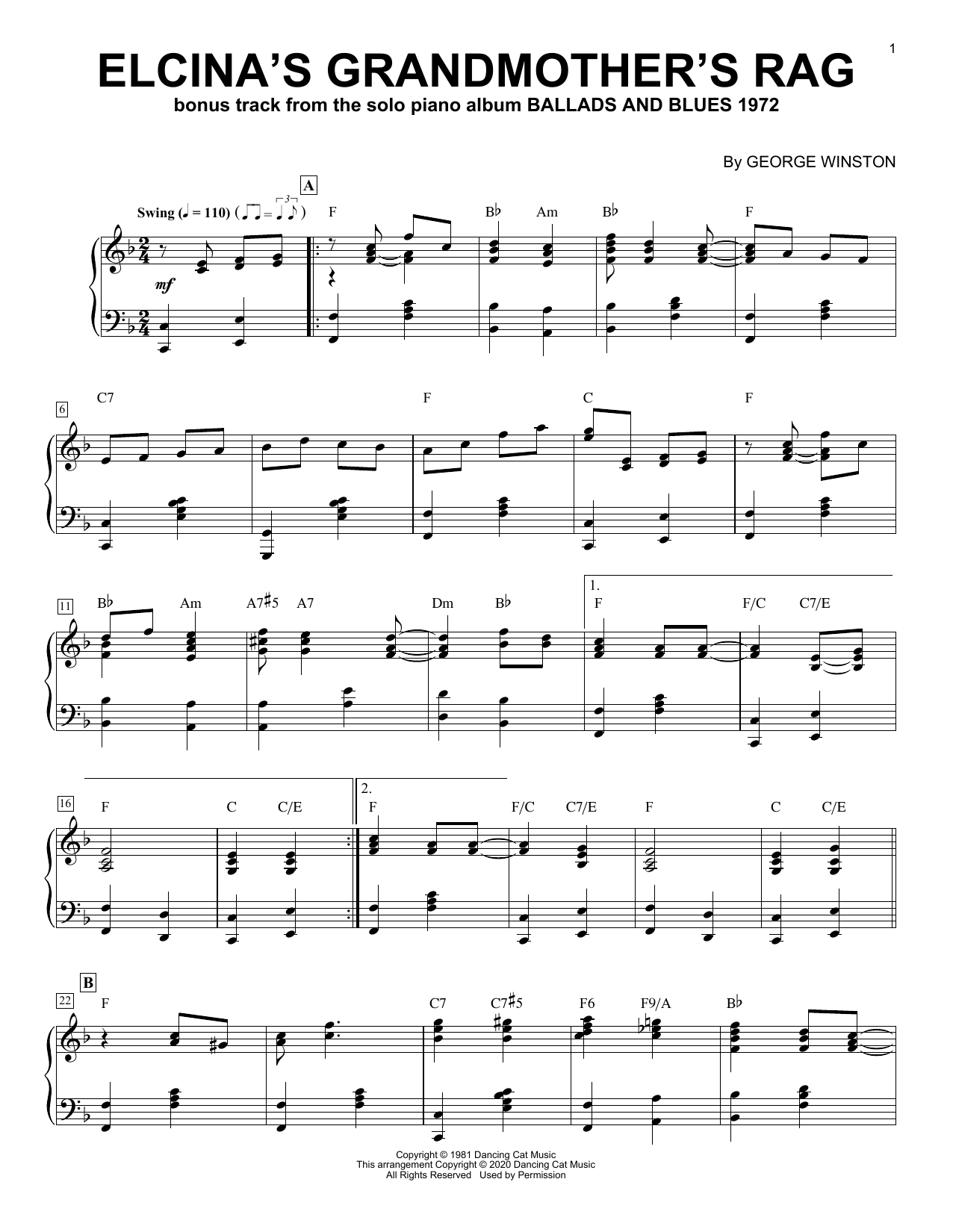 Learn to play George Winston Elcina's Grandmother's Rag sheet music for Piano Solo in minutes. Price: 7.8900$ George Winston Elcina's Grandmother's Rag sheet music notes and chords arranged for Piano Solo