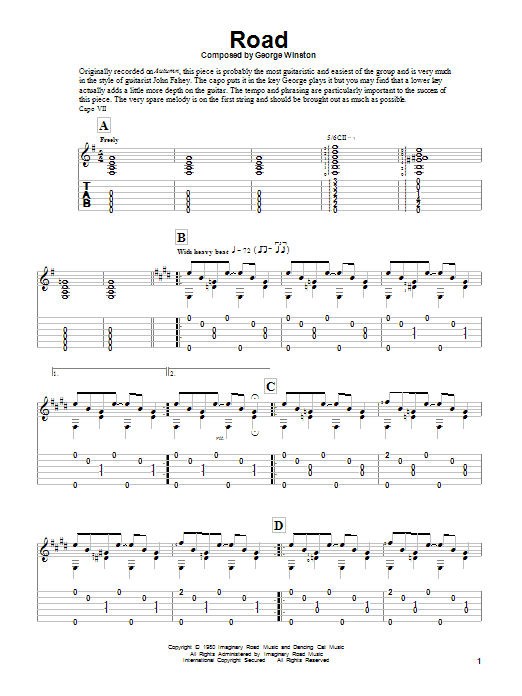 Learn to play George Winston Road sheet music for Guitar Tab in minutes. George Winston Road sheet music notes and chords. Download Printable PDF.