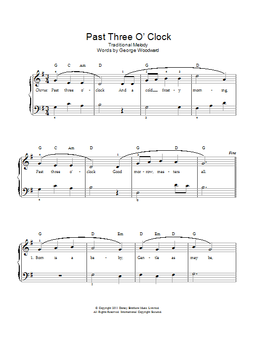 Learn to play Christmas Carol Past Three O'Clock sheet music for Piano & Vocal in minutes. Price: 6.9900$ Christmas Carol Past Three O'Clock sheet music notes and chords arranged for Piano & Vocal
