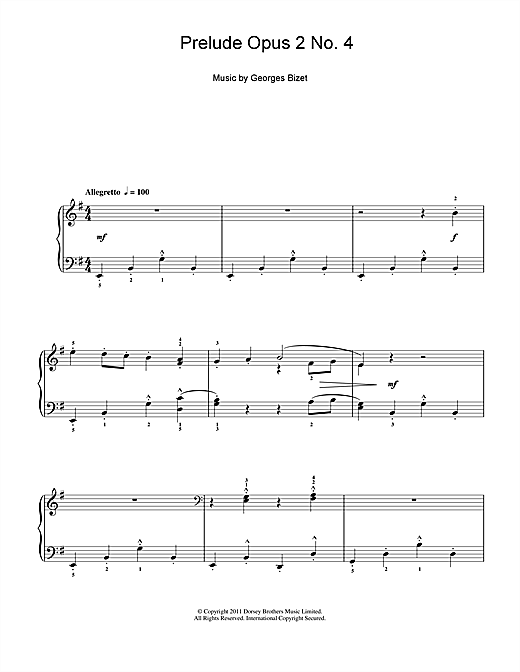 Learn to play Georges Bizet Prelude Opus 2 No. 4 sheet music for Piano Solo in minutes. Georges Bizet Prelude Opus 2 No. 4 sheet music notes and chords. Download Printable PDF.