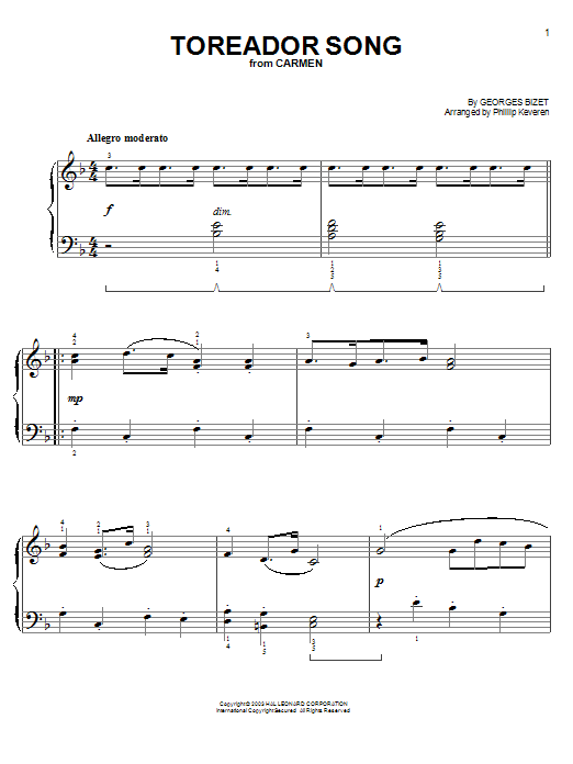 Georges Bizet Toreador Song sheet music notes and chords. Download Printable PDF.