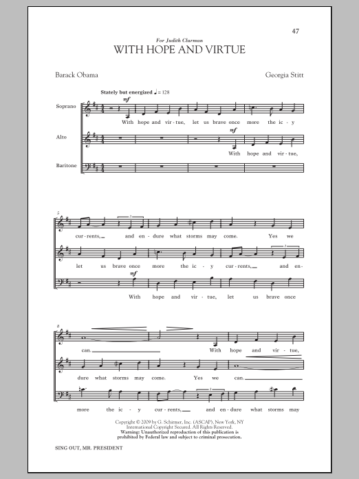 Learn to play Georgia Stitt With Hope And Virtue sheet music for SAB Choir in minutes. Price: 3.9900$ Georgia Stitt With Hope And Virtue sheet music notes and chords arranged for SAB Choir
