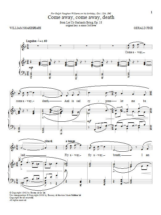 Gerald Finzi Come Away Come Away Death Sheet Music Pdf Notes Chords Classical Score Piano Vocal Download Printable Sku 93314
