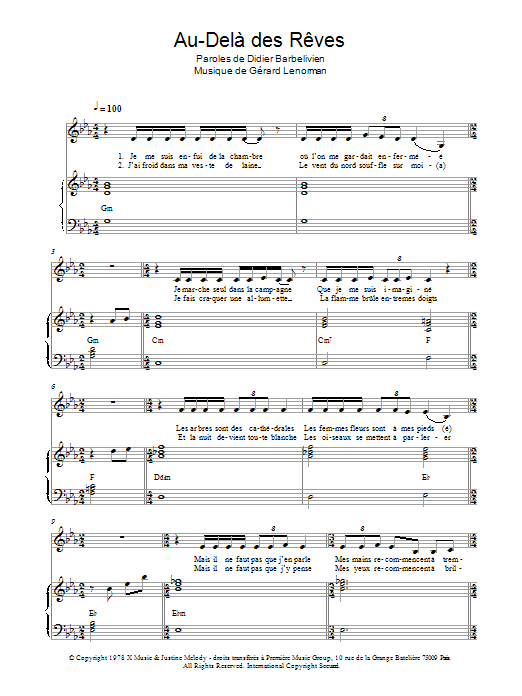 Learn to play Gérard Lenorman Au Dela Des Reves sheet music for Piano & Vocal in minutes. Price: 6.9900$ Gérard Lenorman Au Dela Des Reves sheet music notes and chords arranged for Piano & Vocal