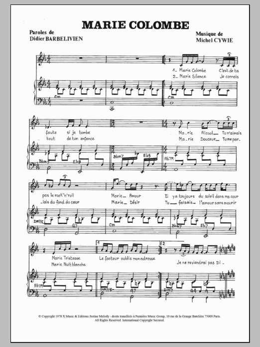Learn to play Gérard Lenorman Marie Colombe sheet music for Piano & Vocal in minutes. Price: 6.9900$ Gérard Lenorman Marie Colombe sheet music notes and chords arranged for Piano & Vocal